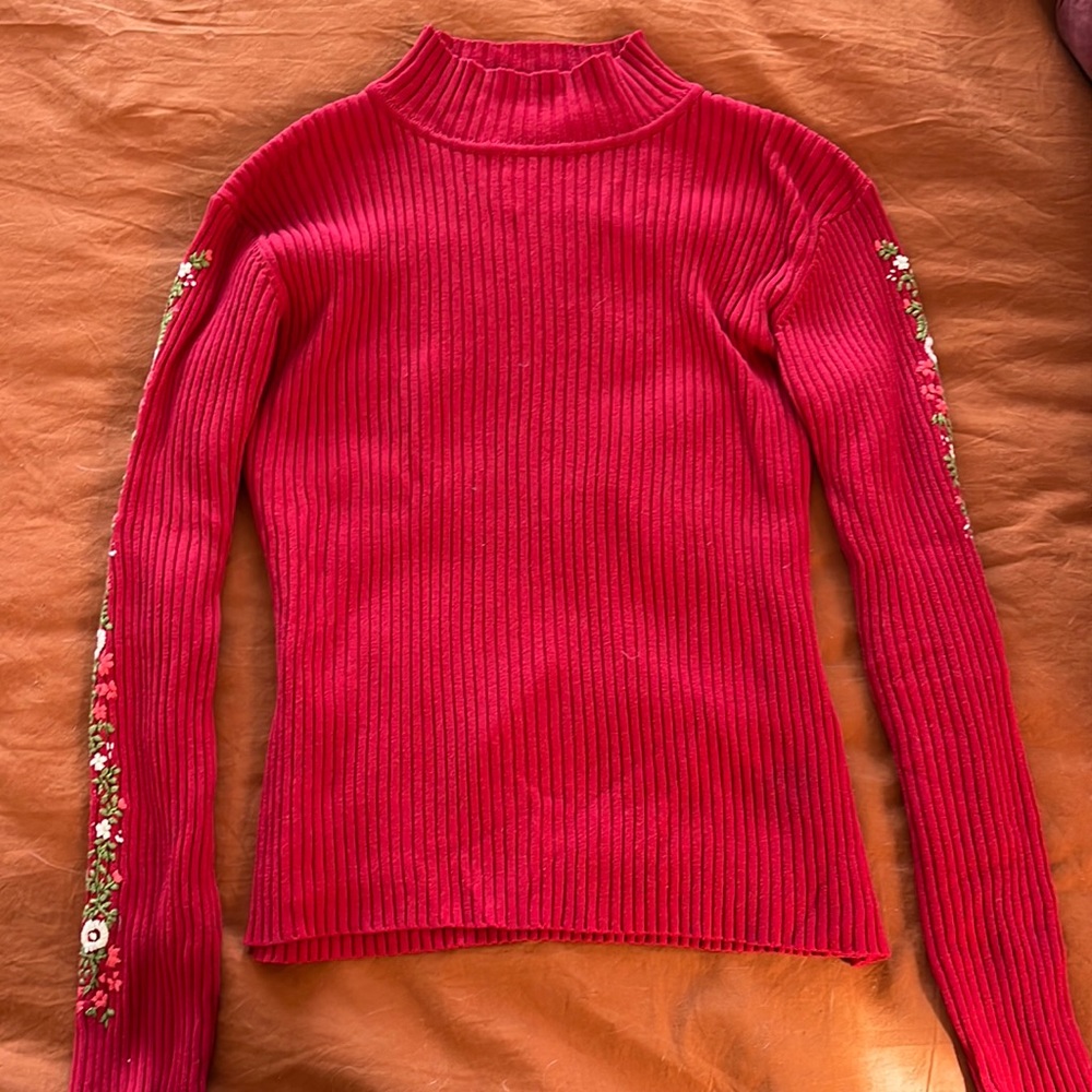 Red mock neck sweater with embroidered sleeves
